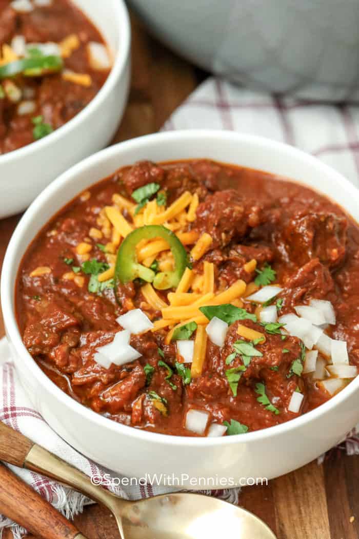 Texas Chili in a white bowl