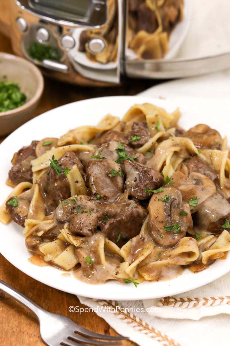 This crock pot beef stroganoff recipe is the perfect combination of tender beef and delicious egg noodles. With the ability to set it and forget, it is the perfect weeknight meal! Â #spendwithpennies #beefstroganoff #slowcooker #crockpot #maindish a plate of crock pot beef stroganoff with parsley