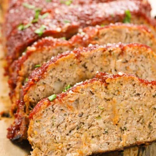 Slices of an easy turkey meatloaf recipe.