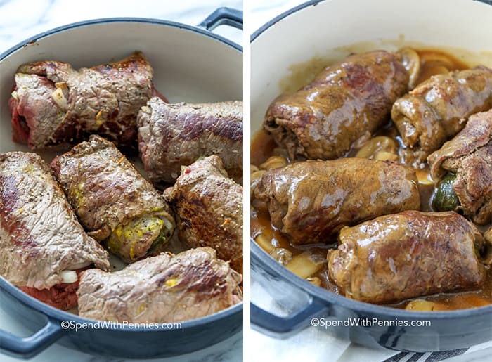 Beef rouladen in a pot with and without gravy