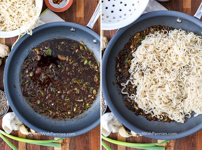 left image is sauce in a pan for Sesame Ramen Noodles and right image is sauce and noodles in a pan for Sesame Ramen Noodles