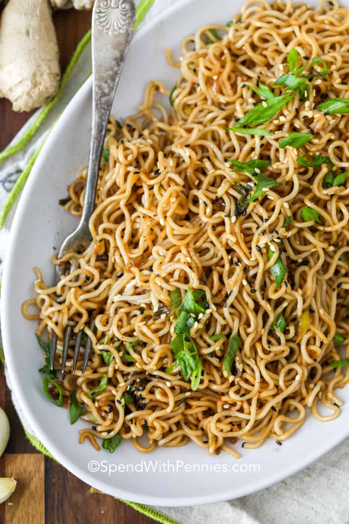 Sesame Ramen Noodles on a plate with a fork