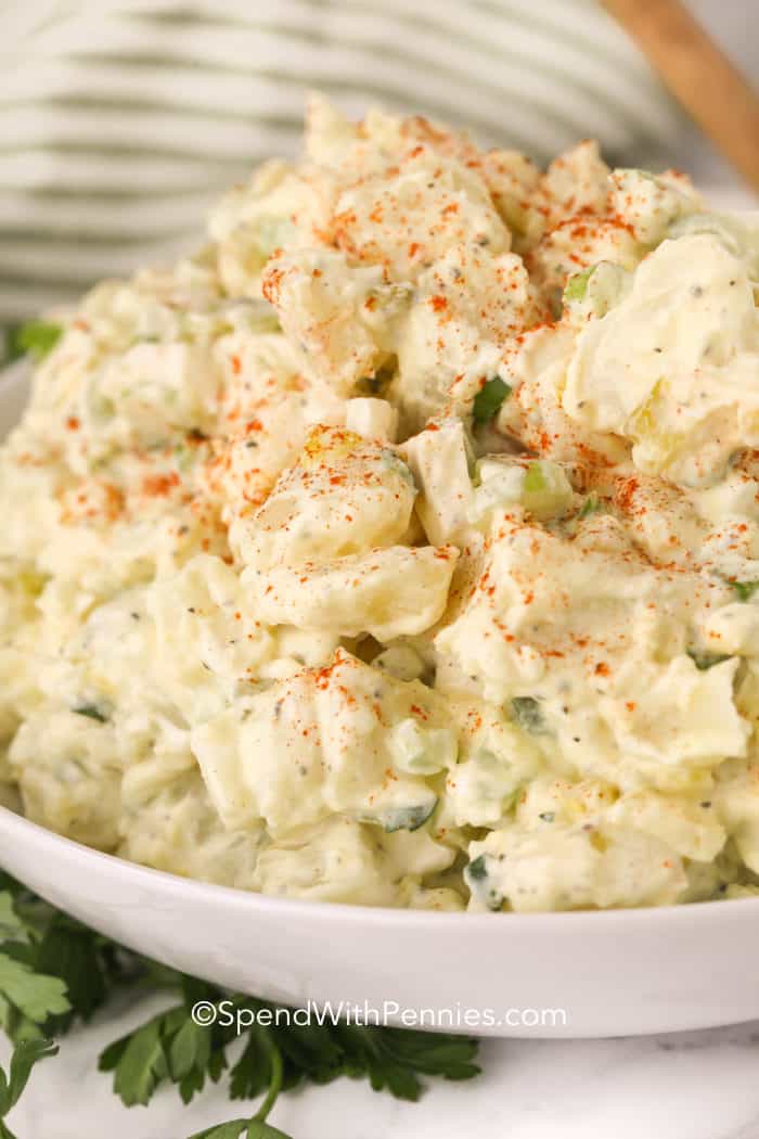 Southern potato salad in a white bowl