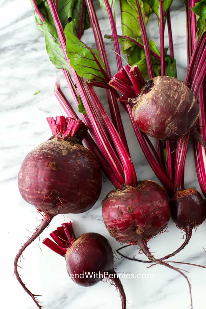 Close up of beets on a counter. 