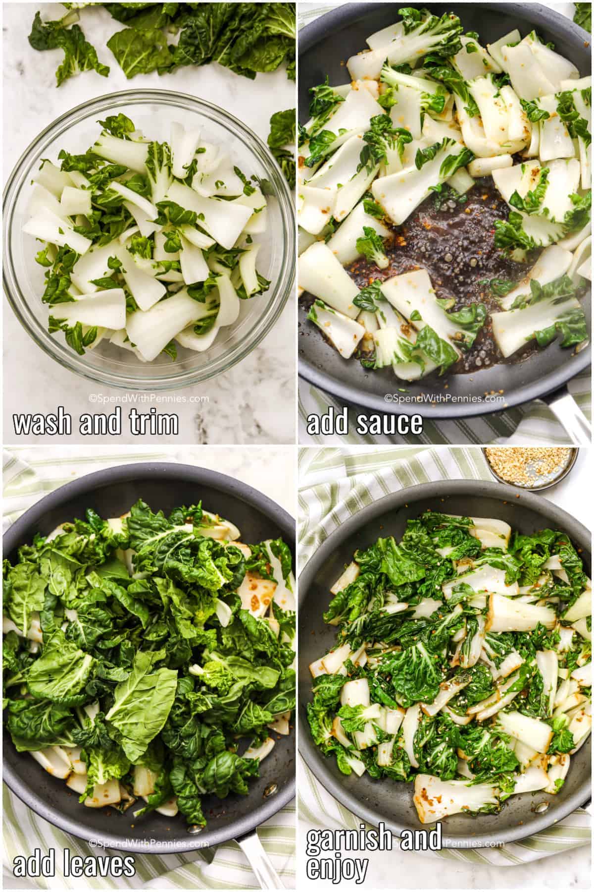 steps for cooking bok choy in a pan