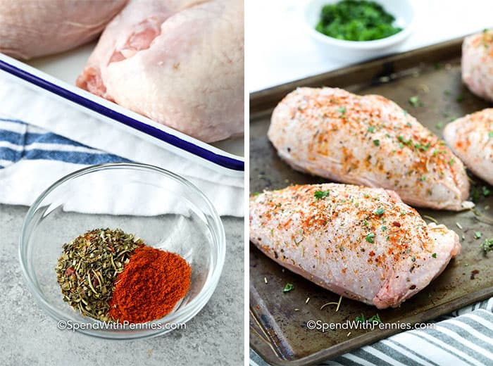 left image is Ingredients for seasoning in a glass bowl and right image is raw chicken breast with seasoning on a baking sheet