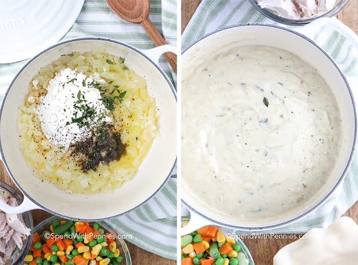 left image is Turkey Pot Pie ingredients in a pot not mixed, right image is Turkey Pot Pie ingredients in a pot mixed together