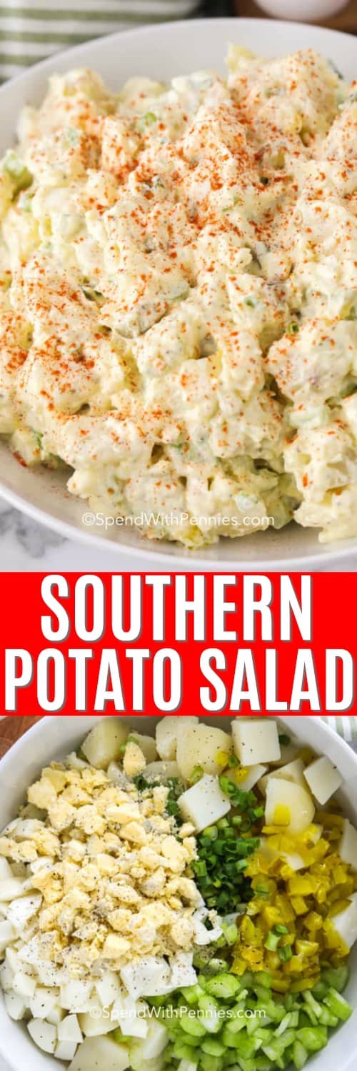 Southern potato salad ingredients in a white bowl and Southern potato salad in a white bowl with a title