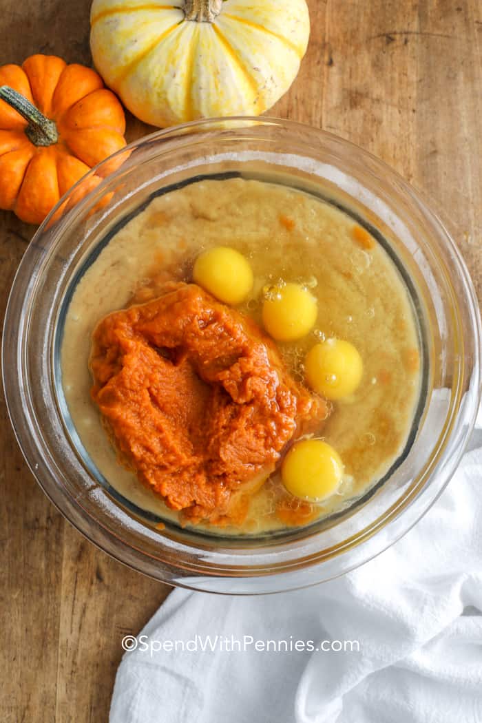 ingredients for pumpkin bars in a bowl