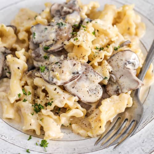 Campanelle With Creamy Mushroom Sauce on a plate with a fork