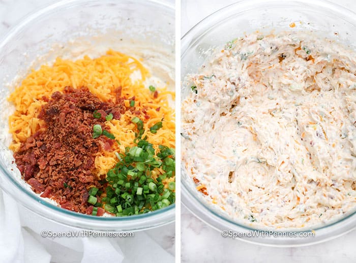 Ingredients for crack dip in a clear bowl mixed and unmixed