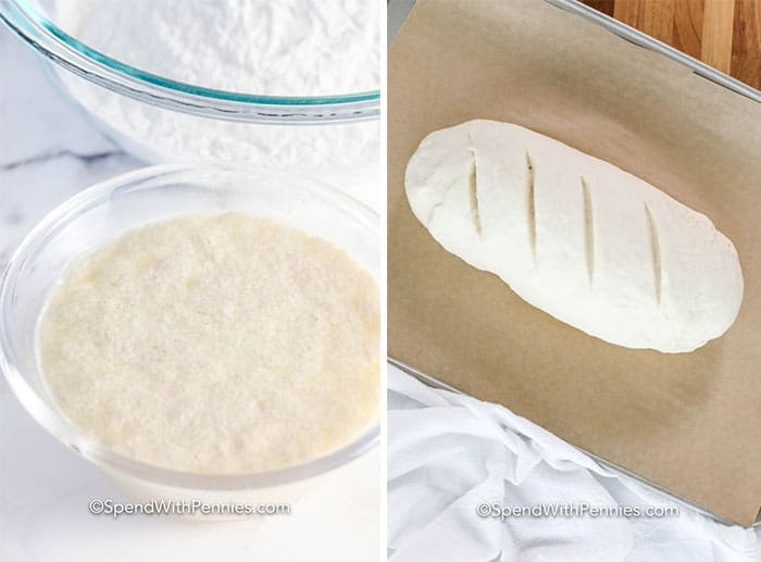 First image shows wet and dry ingredients in glass bowls and second image shows raw French bread on parchment