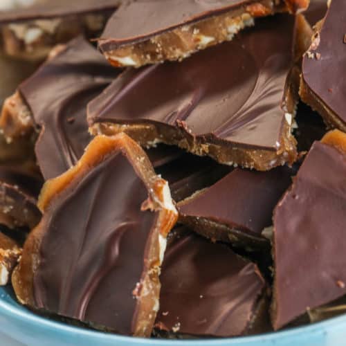 Pieces of toffee in a blue Bowl