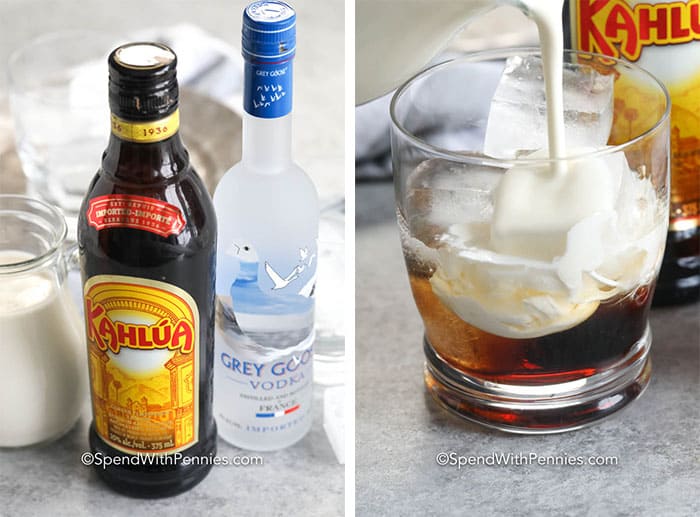 Ingredients for White Russian and white russian in a glass with ice and milk being poured in
