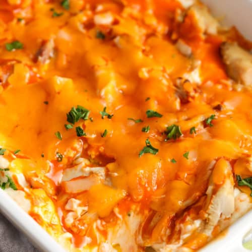 Buffalo Chicken dip in a casserole dish