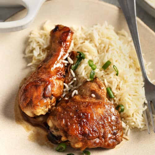 Chicken Adobo with rice and green onion