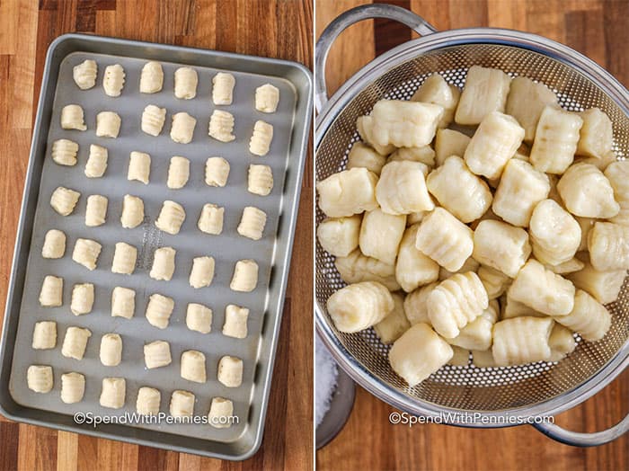 Gnocchi on a baking sheet and in a strainer
