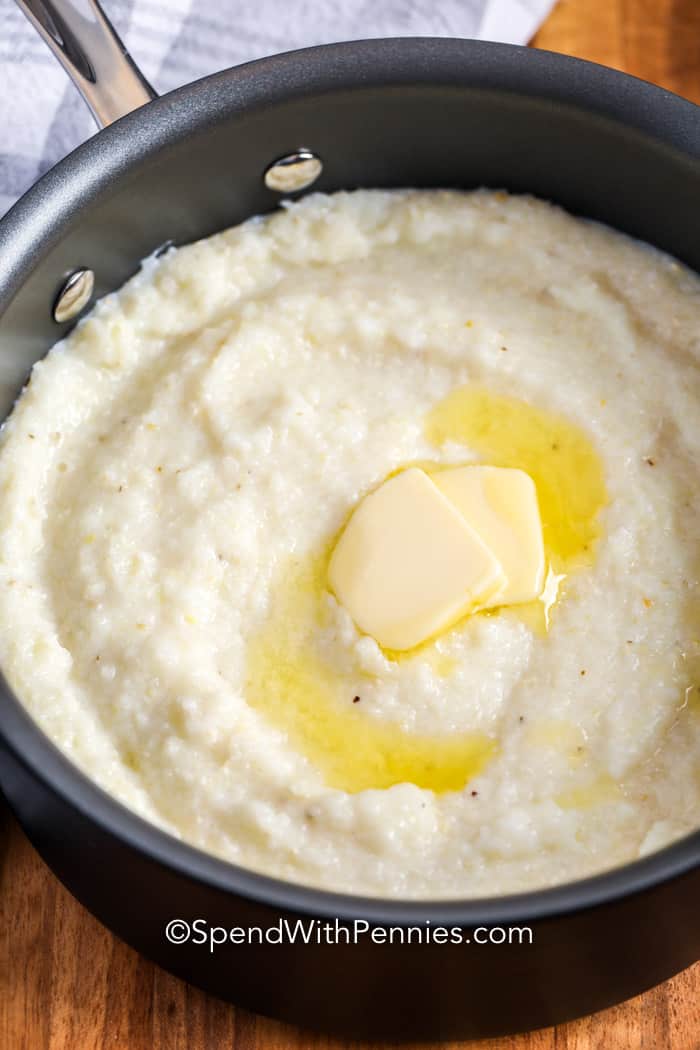 Grits are a comforting Southern favorite! They’re creamy, mild, and perfect for soaking up butter, cheese, or even gravy. Whether served for breakfast with eggs or as a side with shrimp, grits are so versatile! Quick-cooking grits are easy, but stone-ground grits have a rich, hearty texture. Simmer them to perfection for a dish that’s always satisfying and warm. #spendwithpennies Grits in a pot with butter
