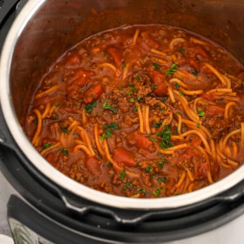 Cooked spaghetti and meat sauce in an instant pot