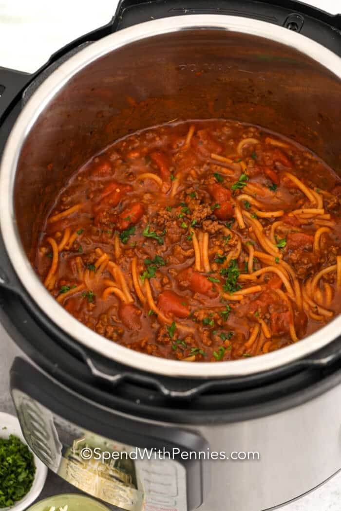 Cooked spaghetti and meat sauce in an instant pot