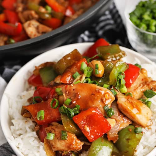 A serving of Kung Pao Chicken over rice
