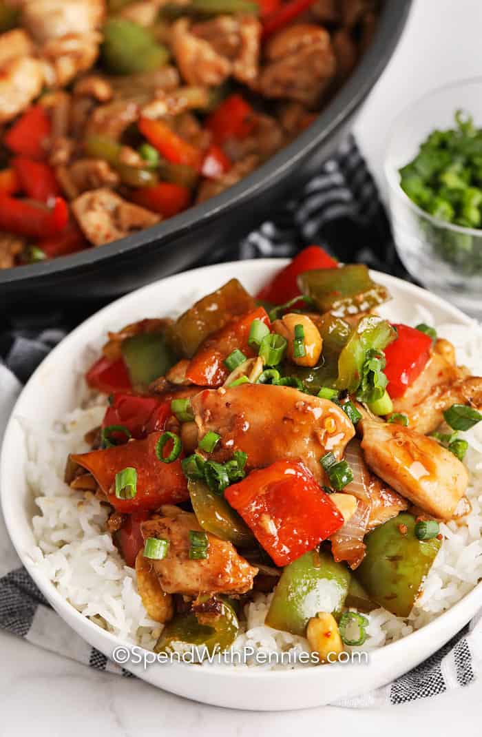 A serving of Kung Pao Chicken over rice