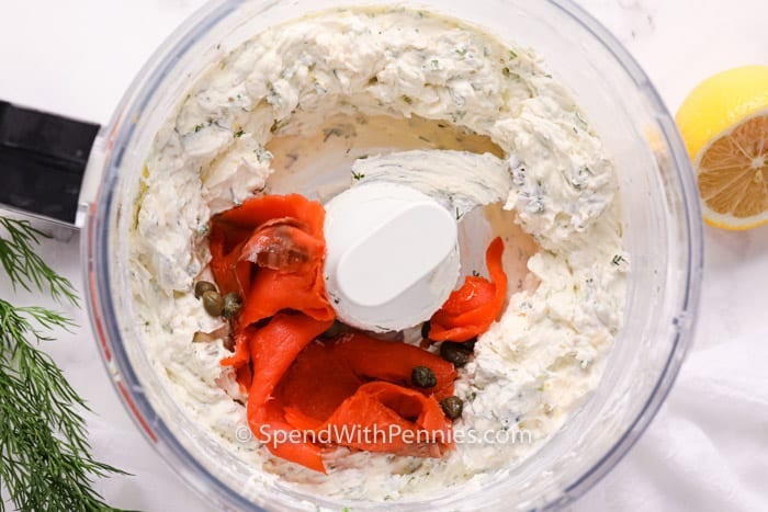 Smoked Salmon dip in food processor with salmon on top