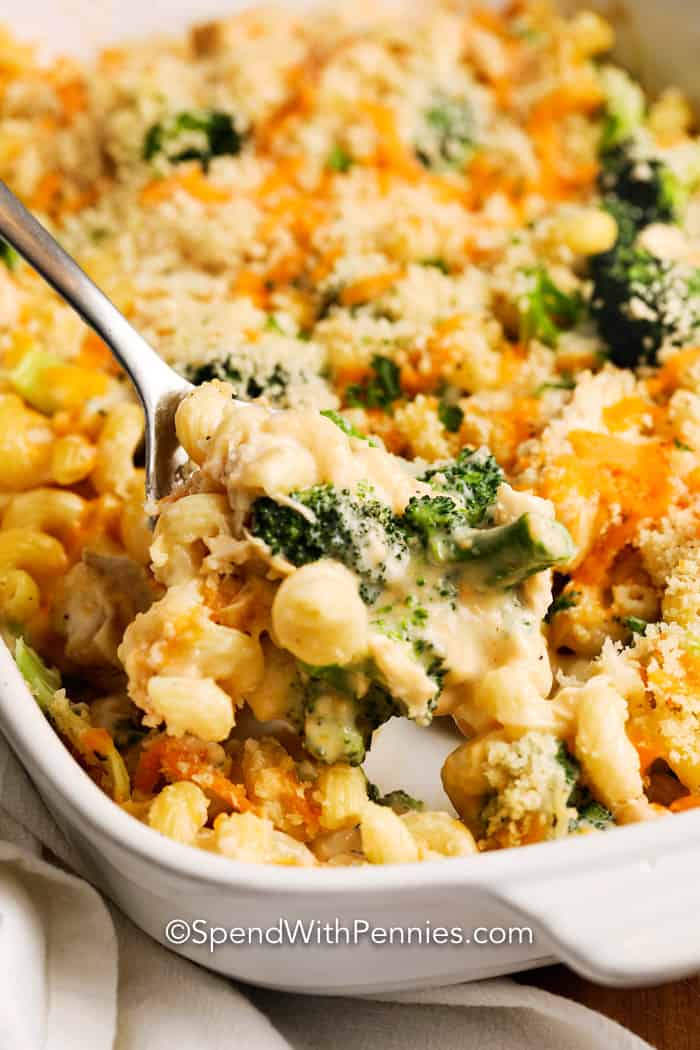 Spoonful of Chicken Broccoli Casserole in a casserole dish