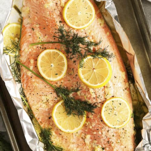 Garlic Butter Salmon in tin foil with lemon and dill