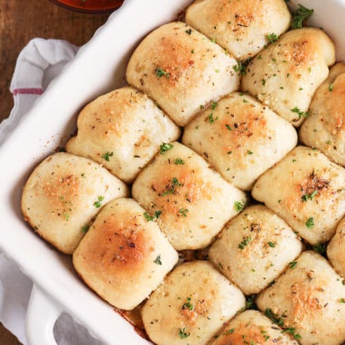 Pizza Bites in a white dish with pizza sauce