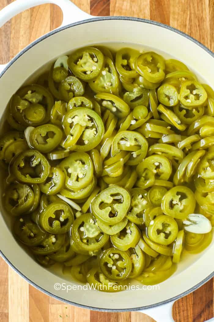 Pickled Jalapenos in a bowl before putting in a jar