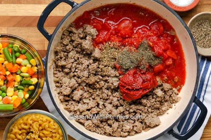 beef and tomatoes in a pot