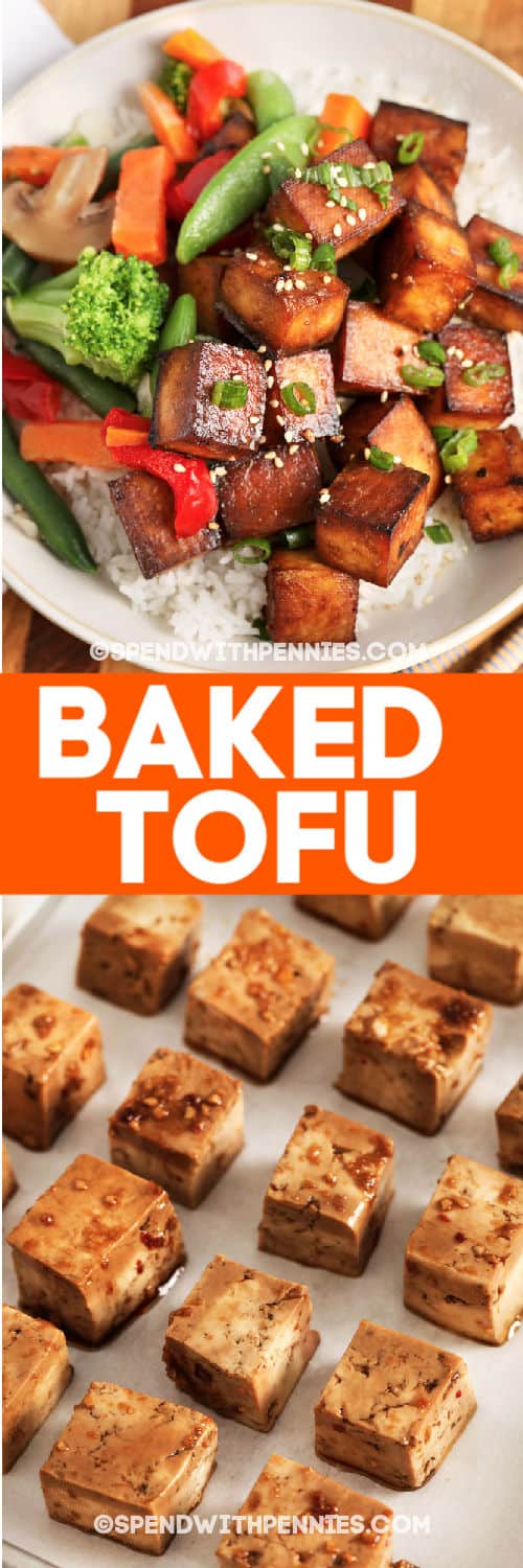 Top image - a serving of baked tofu. Bottom image - marinated tofu on a baking tray.