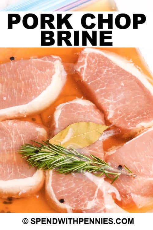 Pork chops brining in a zippered bag with writing