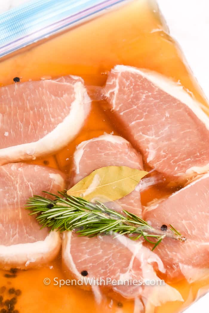 Close up of pork chops brining in a zippered bag.