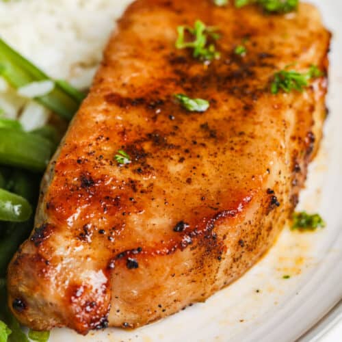 Close up of an air fryer pork chop