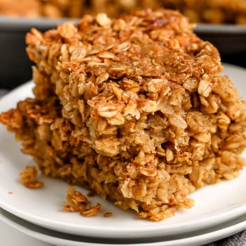 Two slices of brown sugar baked oatmeal stacked