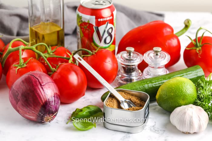 Gazpacho soup is easy to make and very refreshing in the summer. Cold soup made from tomatoes, chopped vegetables and spices is a traditional Spanish custom. It can also be made into a sweet, chilled soup with cucumber and watermelon. It's delicious and nutritious and always a favorite on a hot day. #gazpachorecipe #easycoldsouprecipe #bestspanishrecipe #spendwithpennies Close-up of the ingredients for gazpacho