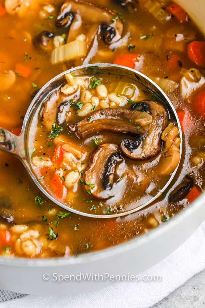 close up of a spoonful of spoonful of Mushroom Barley Soup being taken out of the pot