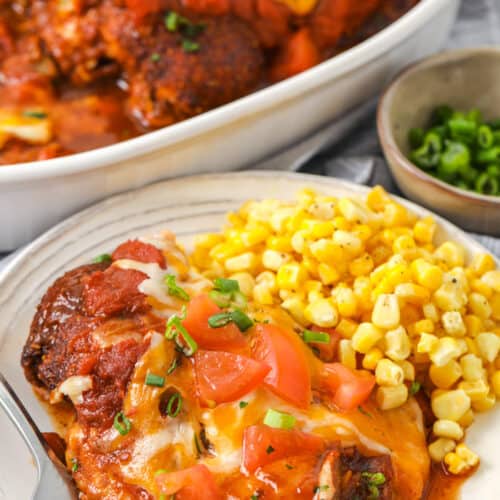 Salsa Chicken on a plate with corn