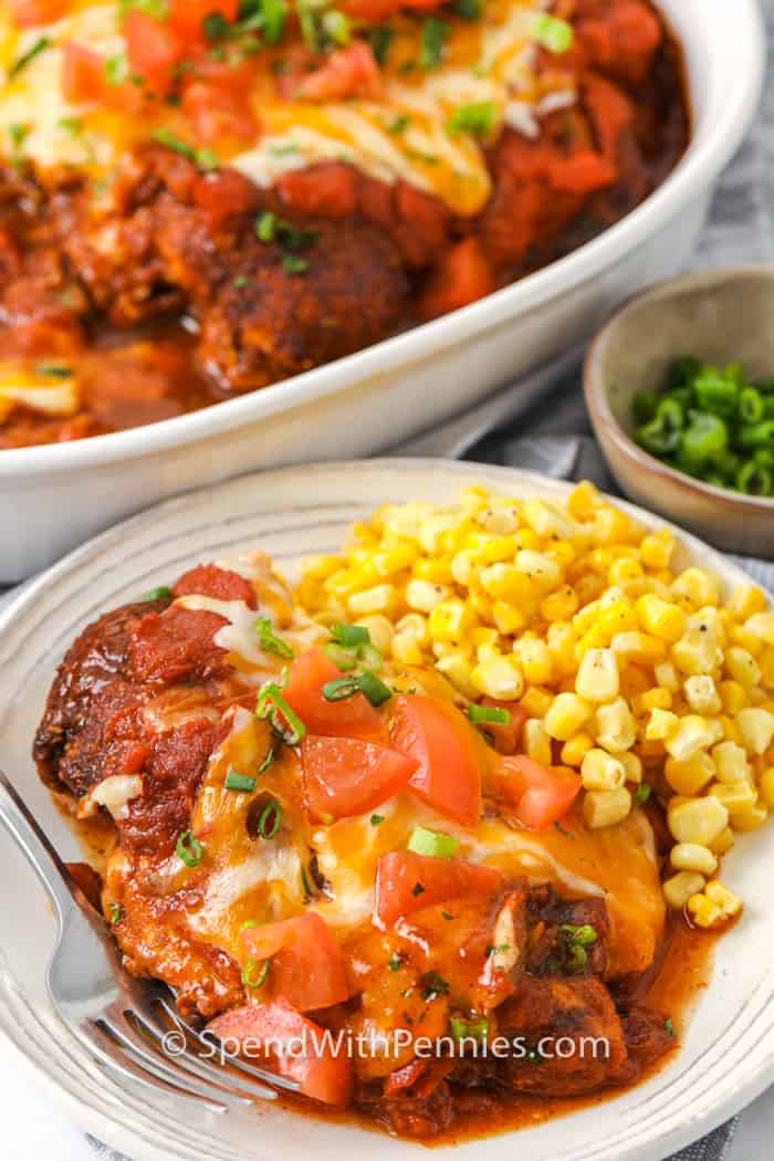 Salsa Chicken on a plate with corn