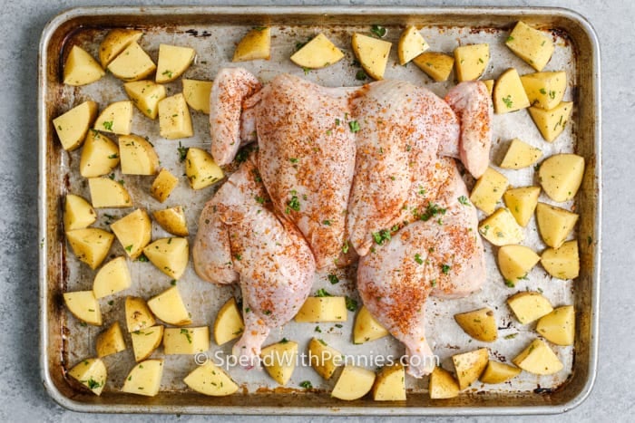 uncooked Spatchcock Chicken with potatoes on a baking sheet