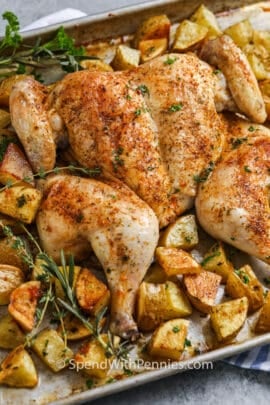 close up of Spatchcock Chicken in frying pan with potatoes