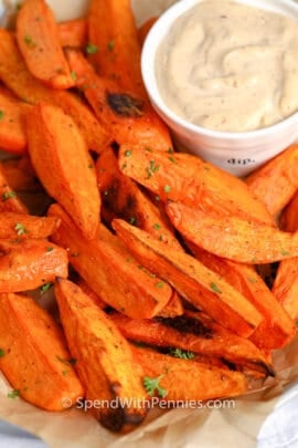 close up of Sweet Potato Wedges with dip