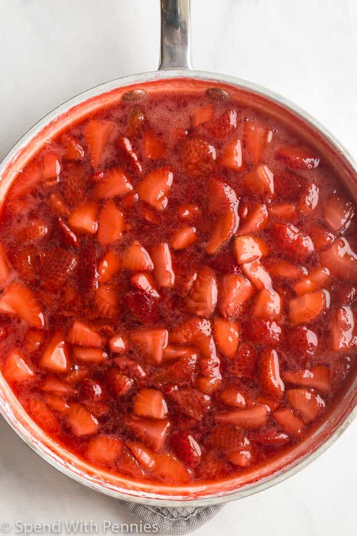 strawberry sauce overhead in white pan
