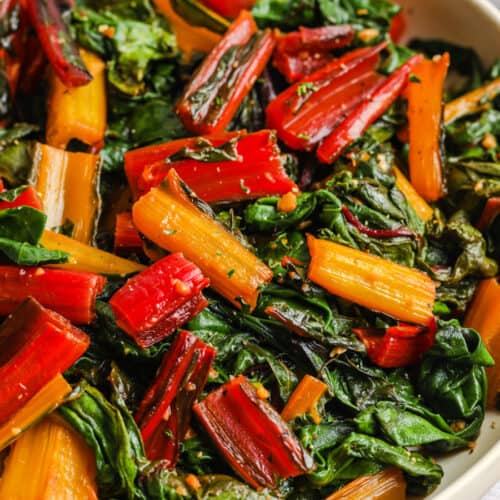 Garlic Butter Swiss Chard in a white dish