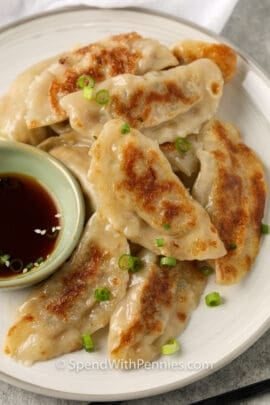 top view of plated Pork Dumplings with sauce