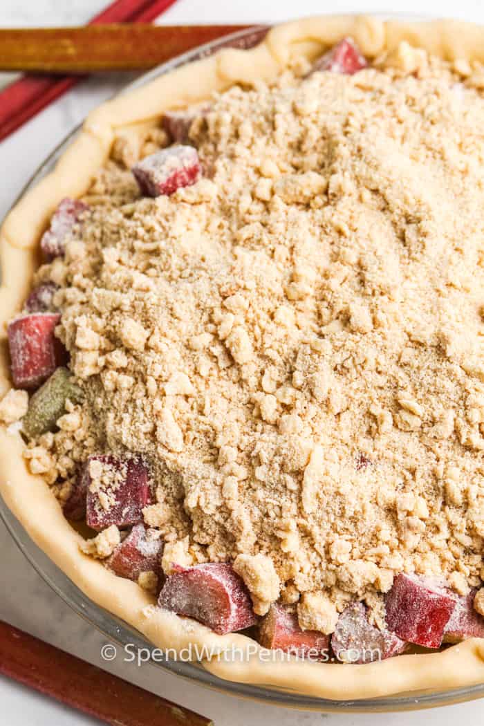 Homemade Rhubarb Pie is sweet & fresh! Serve with a dollop of whipped cream or ice cream for the perfect summer dessert! #spendwithpennies #rhubarbpie #recipe #dessert #fresh #easy Rhubarb Pie before baking