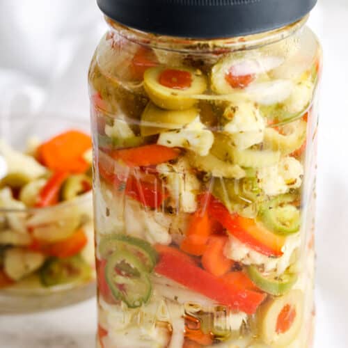Giardiniera in a jar and a bowl