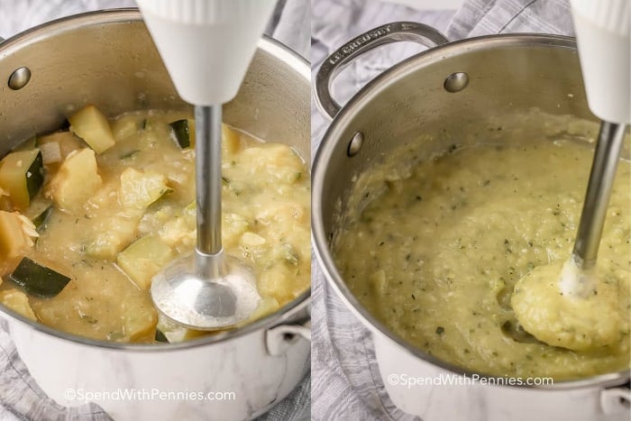 Zucchini Soup is hearty & budget-friendly. Add potatoes, carrots, peas, or any other extra veggies you have from your garden to stretch this dish even further! #spendwithpennies #zucchinisoup #recipe #stovetop #homemade #creamy blending zucchini soup in a silver pot with a hand blender